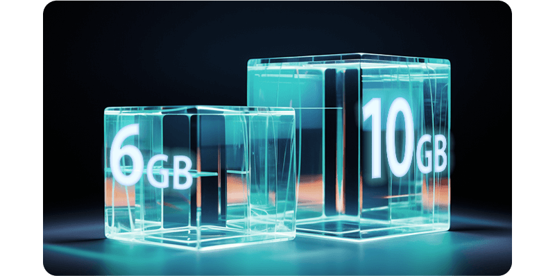 Up to 16GB<br/>6GB+10GB Dynamic RAM